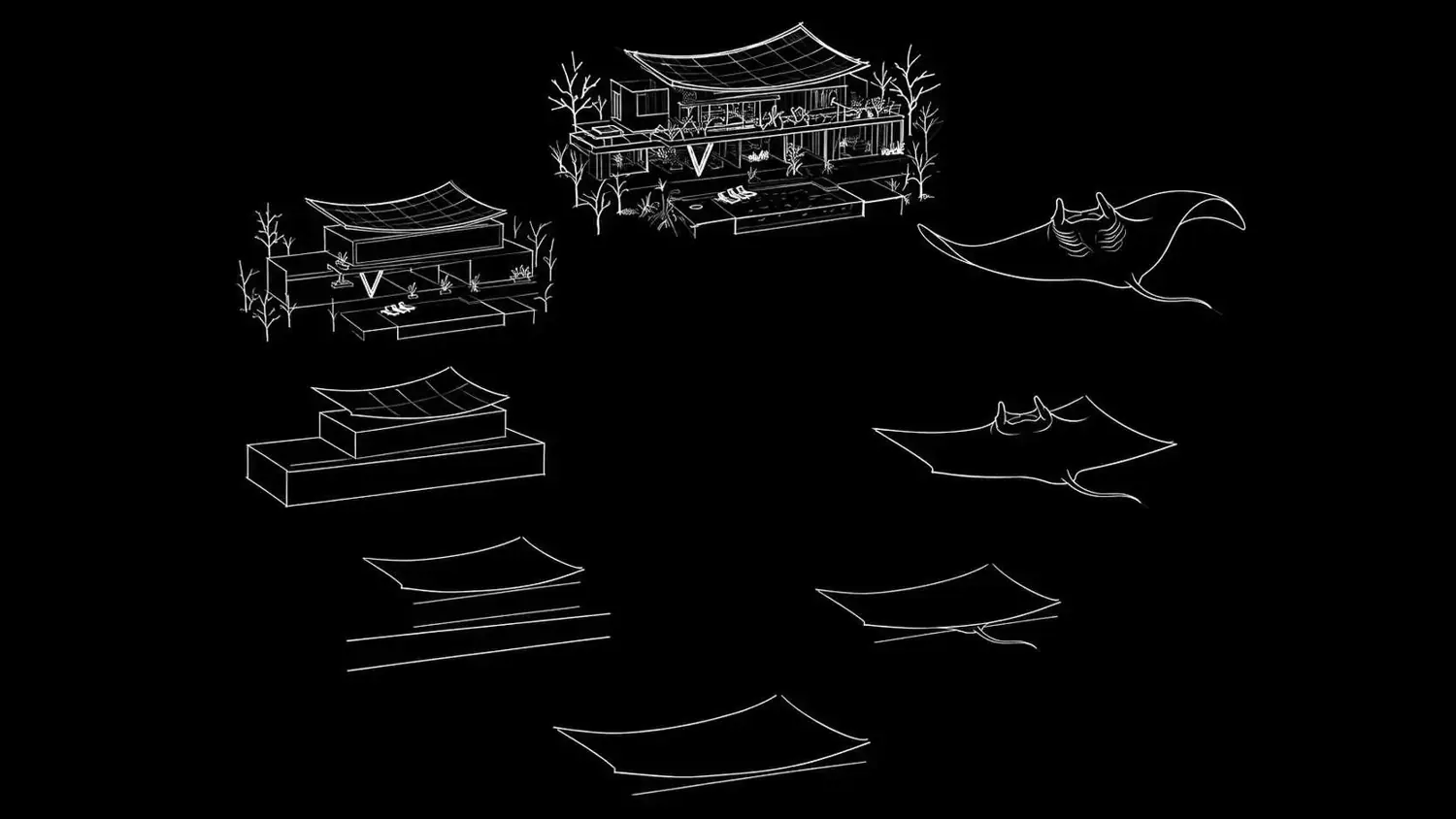 Pencil sketches showing a manta ray's wing evolving into the floating roof of a tropical house